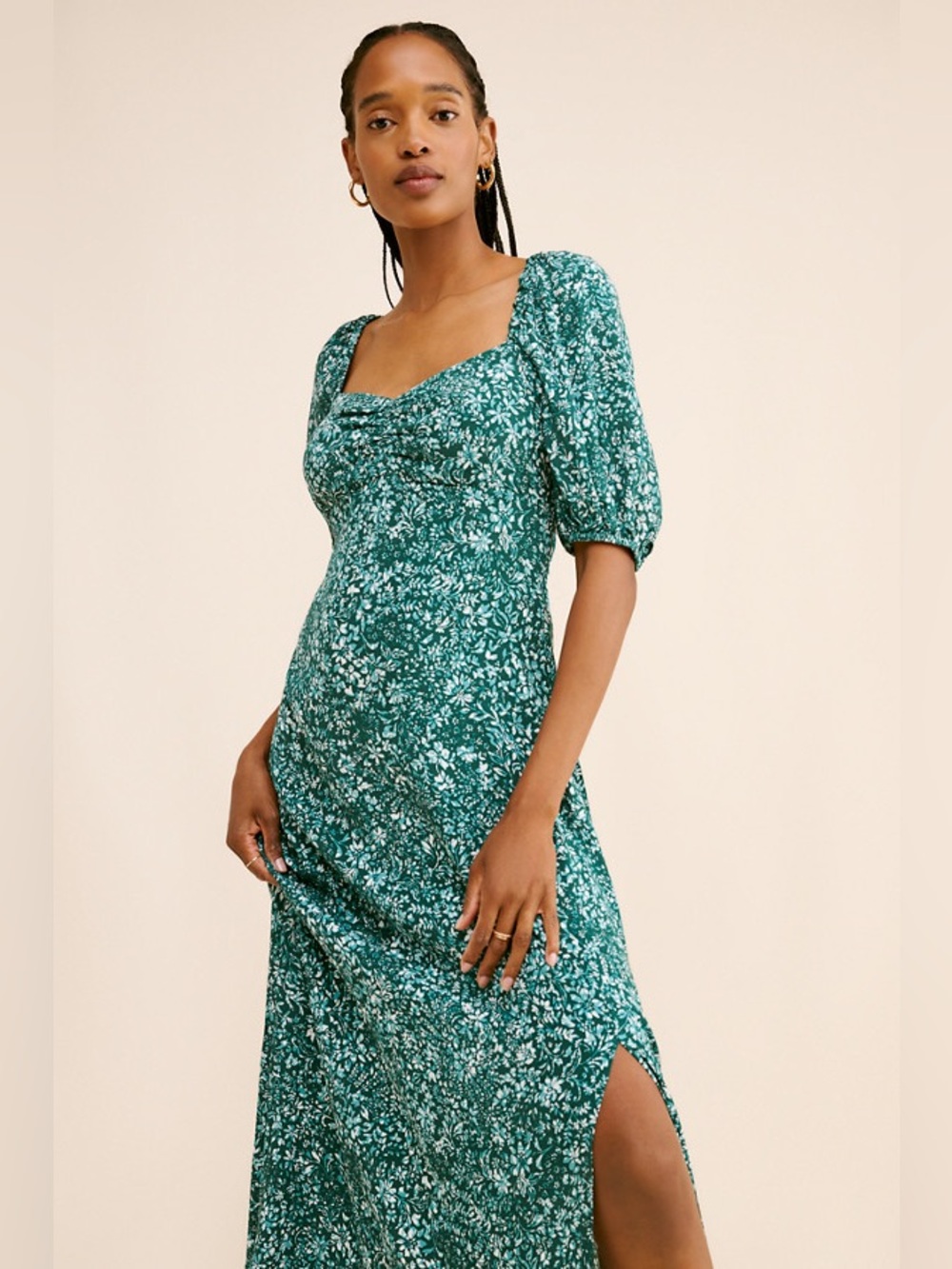 Madewell Dark Green Floral Puff-Sleeve Maxi Dress